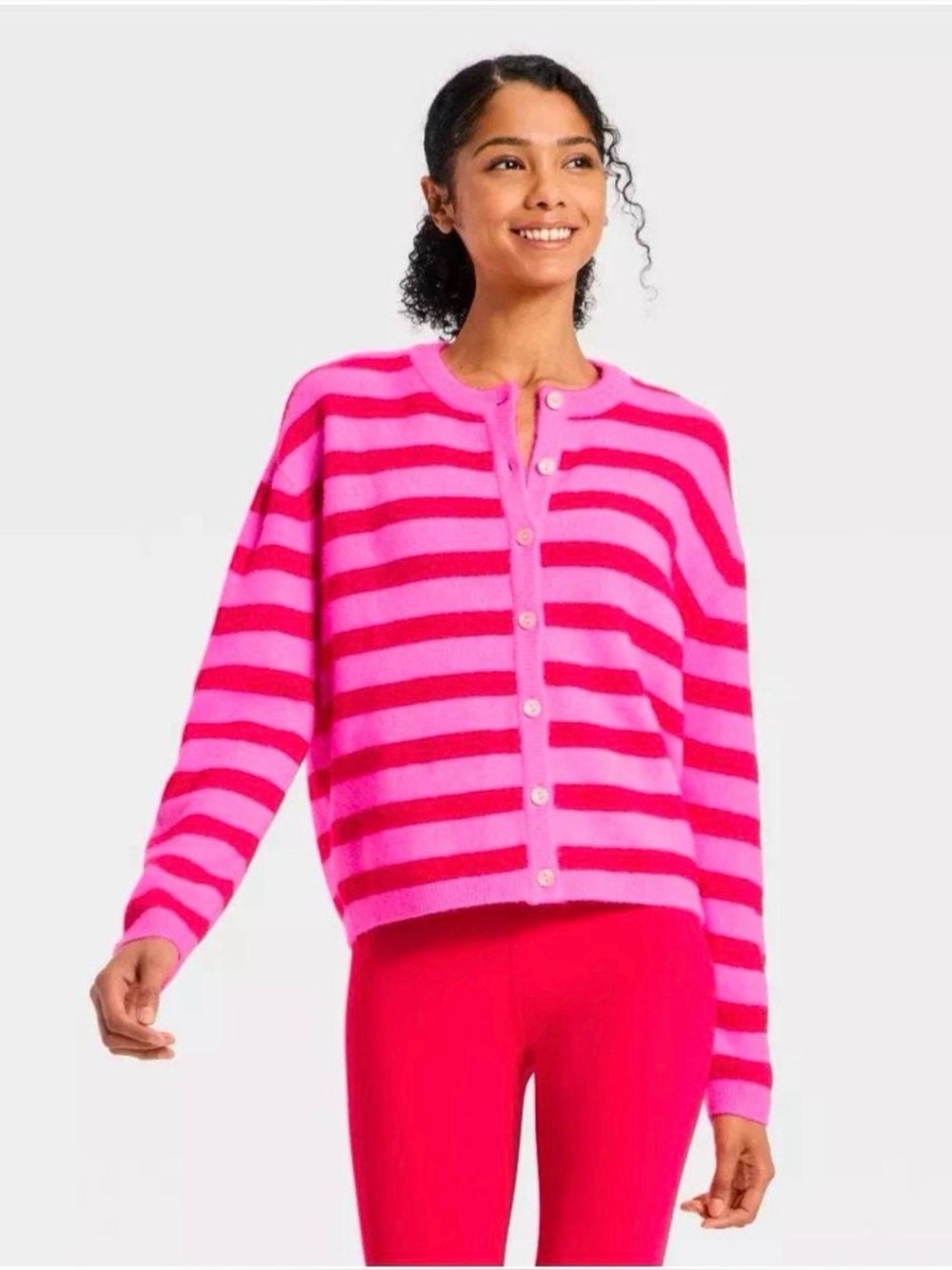 JoyLab Hot Pink and Magenta Striped Button-Front Cardigan